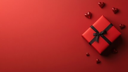 Red Gift Box with Ribbon Surrounded by Heart Decorations on Vibrant Background - Love and Celebration Concept