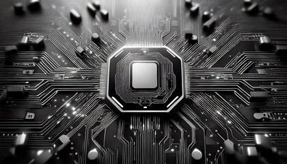Fototapeta premium Artificial intelligence chip on circuit board in futuristic concept technology background, future business innovation design