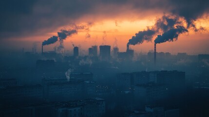 Obraz premium A Dark and Polluted Cityscape Depicting the Impact of Heavy Smog and Toxicity on Urban Life and Environment, Ideal for Discussing Environmental Issues