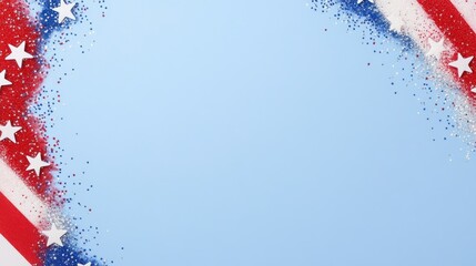 Sparkling Patriotic Party Supplies on Blue Background with Space for Text