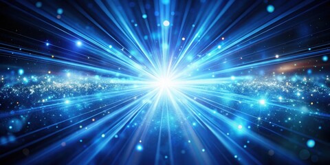 Naklejka premium Abstract Background of Shining Blue Light Rays Emerging from a Center of Brilliance Surrounded by a Field of Glittering Particles and an Intricate Network of Lines