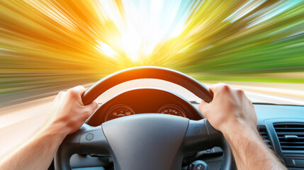 Driving at high speed through a sunlit forest road on a clear day