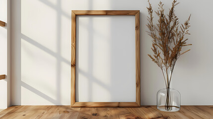 Blank Poster Mockup: A minimalist mockup showcasing a large, blank poster in a wooden frame, leaning against a wall. Dried floral arrangement in glass vase adds a touch of rustic elegance.