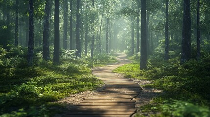 Fototapeta premium The sun is shining through the trees, casting a warm glow on the forest floor
