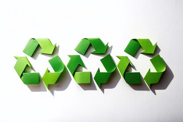 Obraz premium Isolated Green Paper Recycling Symbols: Three Different Designs on a Clean White Background for Environmental Awareness and Sustainability Concepts
