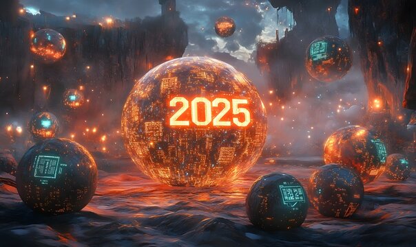 Futuristic year 2025 spheres hover over rocky, smoky alien landscape.