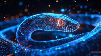 Fototapeta premium A futuristic snake icon glowing with species data, symbolizing online reptile care platforms, habitat tracking tools, and wildlife education resources. 