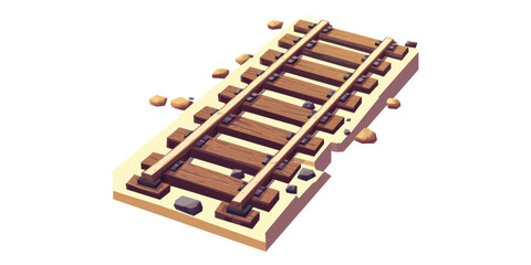 Wooden railway track section with gravel isolated on transparent background