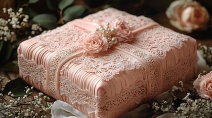 Delicate Pastel Pink Gift Box Wrapped in Lace and Pearls for Special Occasions