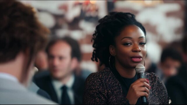 presentable black woman with a microphone in her hands, who is speaking in front of an audience on a small stage, smiling on her face