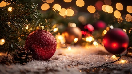 Obraz premium A festive holiday-themed background with twinkling lights, ornaments, and a cheerful atmosphere