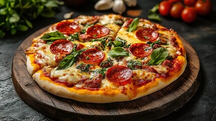 Delicious Pepperoni Pizza with Melted Cheese and Fresh Basil