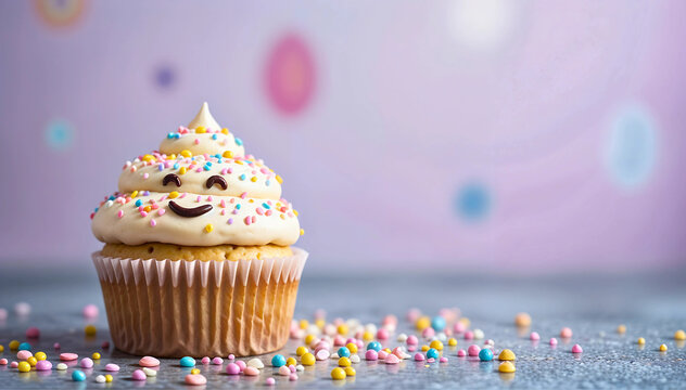 A cute cupcake with a smiley face frosting sits on a table with sprinkles.