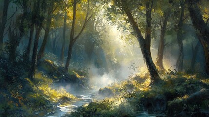 a dense forest covered in morning mist, with sunlight streaming through the trees and a small creek winding through. 