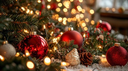 A festive holiday-themed background with twinkling lights, ornaments, and a cheerful atmosphere