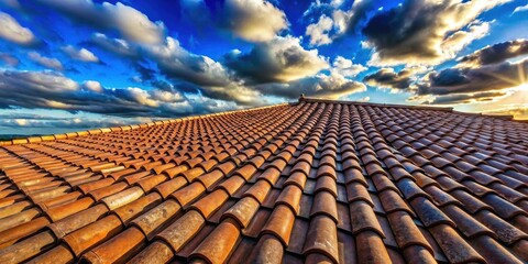 A tiled roof with a deep perspective reaching towards a sky with a beautiful display of clouds and warm, golden sunlight.