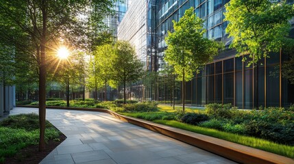 Sunlit Modern Urban Walkway with Greenery