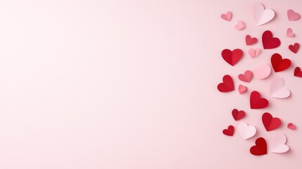 Romantic Valentine's Day Atmosphere with Delicate Red and Pink Paper Hearts on Soft Pink Background