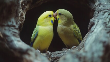 Two Yellow Parakeets Share A Tender Moment In A Tree Hollow
