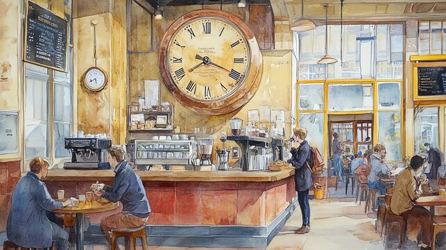 Cafe clock paris watercolor art cozy close-up