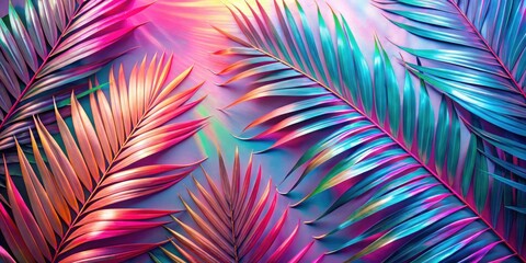 Obraz premium Tropical Palm Fronds in Vibrant Neon Hues Displaying a Striking Contrast of Colors and Textures