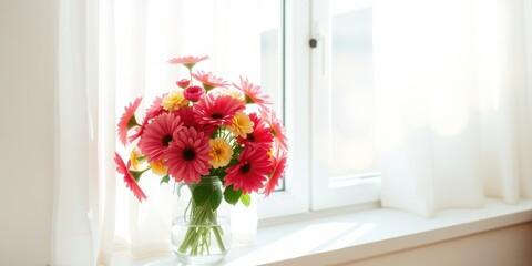 A vibrant bouquet of pink and yellow flowers in a glass vase placed on a windowsill bathed in sunlight.