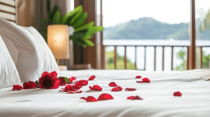 Romantic Getaway Rose Petals on a Luxurious Bed with Ocean View