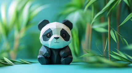 Fototapeta premium Low-poly panda sits amid bamboo leaves.