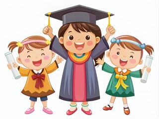 Kawaii Little Girl Graduating from Kindergarten in Cap and Gown, Celebrating Achievement with Diploma, Cheerful School Kids in Festive Graduation Attire, Isolated on White Background