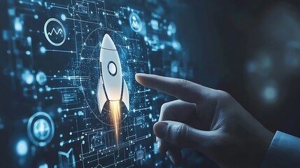 Hand touching a rocket icon on a digital screen
