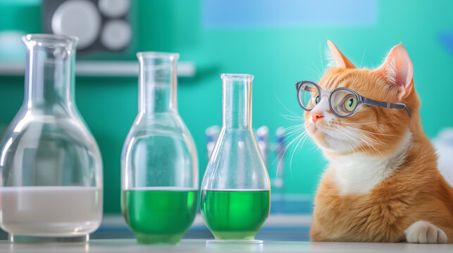 Curious orange cat observes colorful lab experiments