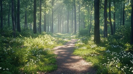 Fototapeta premium The sun is shining through the trees, casting a warm glow on the forest floor