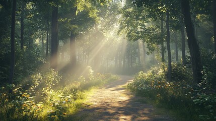 Obraz premium The sun is shining through the trees, casting a warm glow on the forest floor