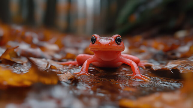 vibrant red salamander on wet leaves in forest setting - Powered by Adobe