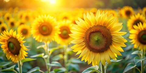Obraz premium A vibrant sunflower blooms in the golden light of sunset, surrounded by a field of its fellow blossoms, a captivating display of nature's beauty