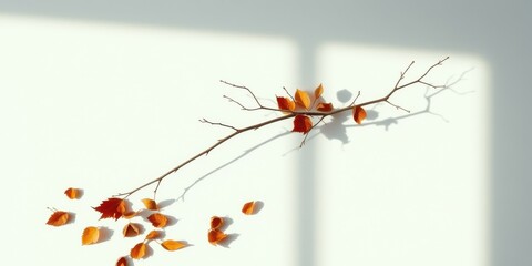 A single twig adorned with autumn leaves casts delicate shadows on a crisp white backdrop, creating a minimal yet evocative scene.
