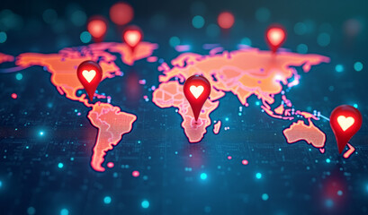 location pins on the digital world map