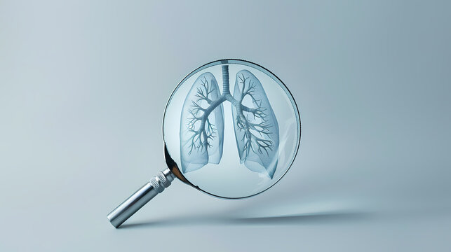 Magnifying Human Lungs: A detailed anatomical illustration of human lungs under a magnifying glass, highlighting the intricate network of bronchi and alveoli.  A powerful visual for medical education.