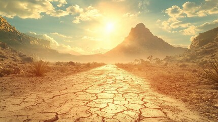Sunlit desert road leading to majestic mountains.
