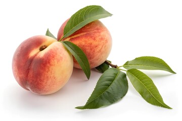 Fresh nectarines with Two ripe  green leaves isolated on a white background