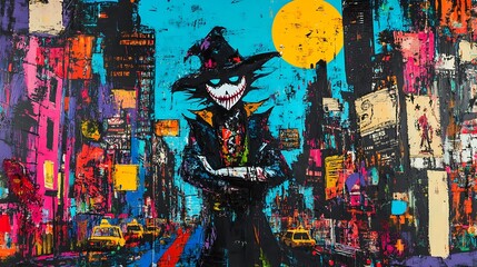 Fototapeta premium Abstract Painting of a Figure in a Cityscape with a Yellow Moon