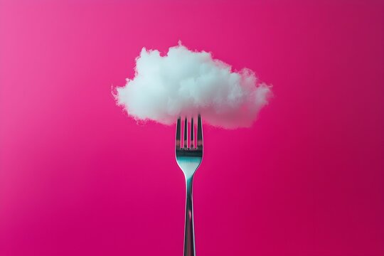 Naklejki Creative fork holding fluffy cloud against vibrant pink background in playful composition