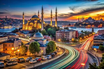 Obraz premium Long Exposure Map of Central Istanbul Highlighting Top Attractions and Landmarks with a Beautiful Night Sky and Light Trails for a Stunning Urban Landscape
