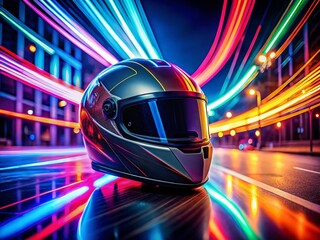 Fototapeta premium Long Exposure of a Black Front Helmet Glowing Under Neon Lights, Capturing Motion and Reflections in a Dark Urban Environment for Dynamic Sports Photography