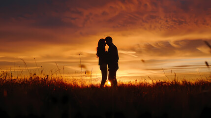 Sunset Romance: Silhouetted couple embracing at sunset, captured against a fiery sky and tall grass. A breathtaking scene of love and romance. 