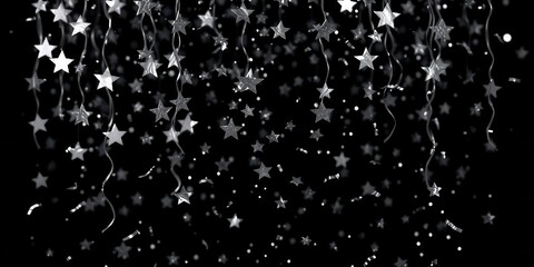 Fototapeta premium A cascade of silver stars and confetti on a black background, creating a celebratory and festive atmosphere
