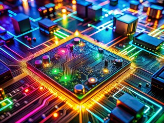 Fototapeta premium Long Exposure of a Circuit Board Illuminated by Colorful LEDs, Showcasing Electronic Components and Connections for High-Tech Applications and Innovations in Electronics