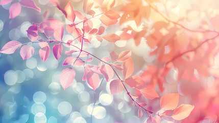 Fototapeta premium Pastel Dreamscape: Delicate pink and orange leaves dance in a ethereal, dreamy landscape, bathed in a soft, diffused light, evoking a sense of tranquility and wonder.