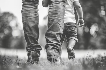 Fototapeta premium A parent walks alongside their small child in a park, as they enjoy a sunny day outdoors, fostering a close and affectionate connection.