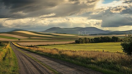 Obraz premium Wind farm near agricultural land supporting sustainability